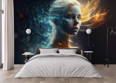 magical fantasy portrait of a beautiful angel woman in the night with glowing  energy lights and particles on an abstract galaxy background, generative ai Wall mural