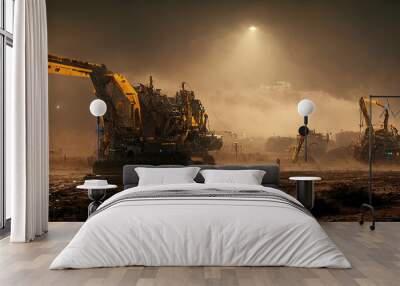 mining operation in the desert, futuristic excavator in the sandstorm, dystopic mood, construction machine as wallpaper panorama background Wall mural