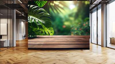 misty jungle background with empty wooden table for product display, bokeh lights, green foliage, copy space Wall mural