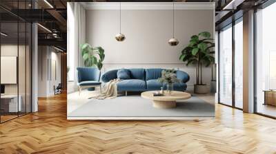 modern living room with blue sofa, green indoor plant, blank empty wall, contemporary design, generative ai Wall mural