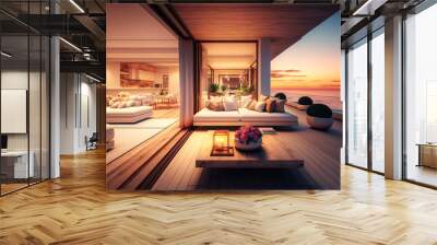 modern luxury apartment terrace overlooking to the ocean at sunset, generative ai Wall mural