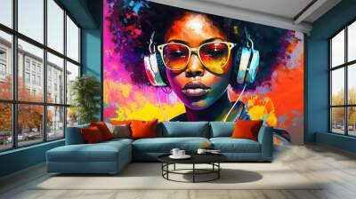 portrait of a beautiful african american woman with headphones and afro hair on a colorful abstract background, generative ai Wall mural