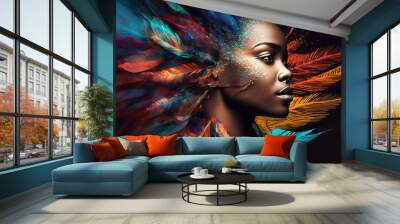 portrait of a beautiful african american woman with painted face and colorful feathers, abstract colorful makeup, generative ai Wall mural