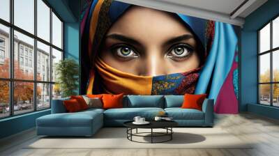 portrait of a beautiful arabic woman in a colorful veil, generative ai Wall mural