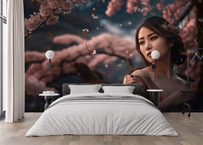 portrait of a beautiful young asian woman relaxing and thinking under the blossoming cherry sakura trees in japan, generative ai Wall mural