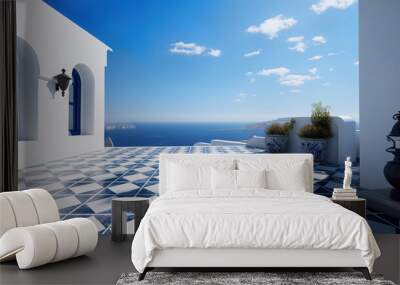 Santorini Greek luxury hotel room interior, view of the sea from the window, generative ai Wall mural