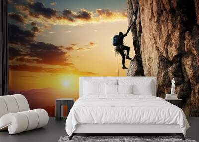 silhouette of a rock climber person on a rock cliff with sunset background, generative ai Wall mural