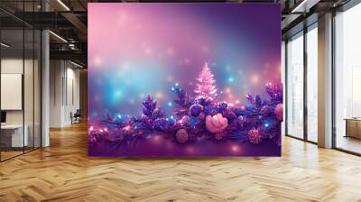 winter landscape decoration background, christmas tree and decorations as panoramic wallpaper header Wall mural