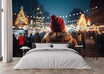 woman enjoying the view of the christmas fair at night in the city at xmas eve, generative ai Wall mural