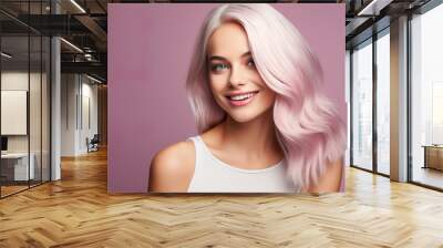 Young woman with silver blonde hair smiling on a pink background, generative ai Wall mural