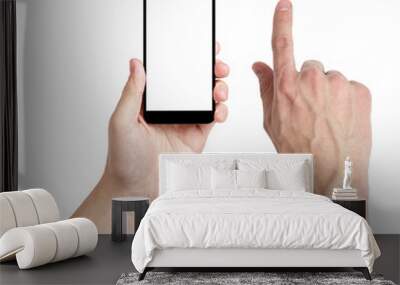 adult man hands using mobile phone with white screen Wall mural