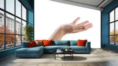 Empty mid aged woman hand to hold or show isolated on white Wall mural