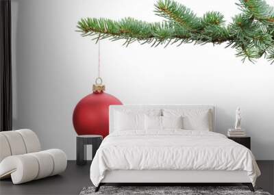 red satin glass ball hanging on christmas branch Wall mural