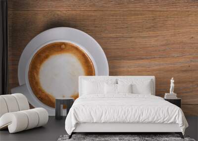 top view of fresh cappuccino on wood oak table Wall mural