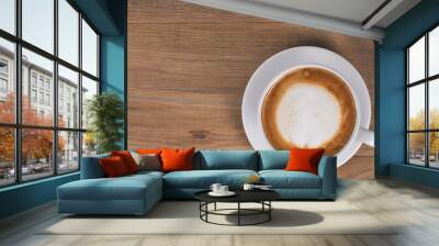 top view of fresh cappuccino on wood oak table Wall mural