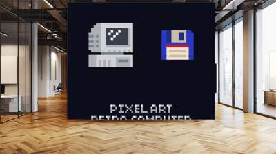 Pixel art retro computer and blue floppy diskette icon - vintage 8 bit vector set on dark background Wall mural