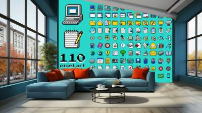 Retro computer interface elements set. Old PC UI icon assets for computer, folder, notepad text document, media laser compact disc, folder, battery, storage, media. 110 isolated items Wall mural