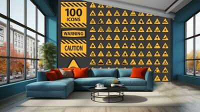 Vector icn set triangle yellow warning caution hazard signs. Wall mural