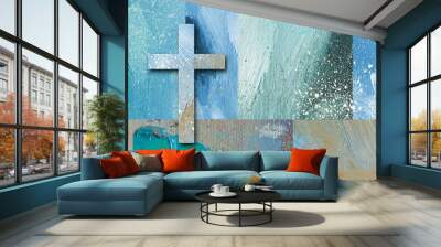 Graphic Christian cross on abstract brushstroke grid background Wall mural