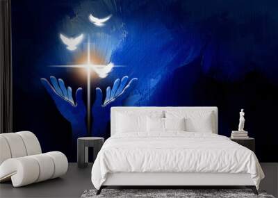 Graphic praise hands Christian cross and spiritual doves background Wall mural