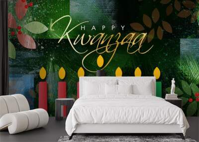 Happy Kwanzaa script brush stroke and leaves graphic background Wall mural