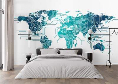 Illustration of a world map with artificial intelligence design on white background. Generative AI Wall mural