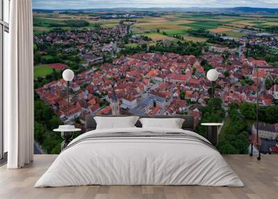 Aerial panorama view the old town of Iphofen on a cloudy day in Germany. Wall mural