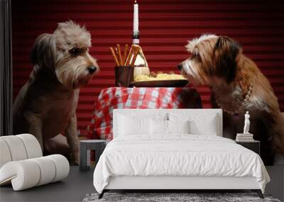 two dogs having candlelight dinner in alley Wall mural