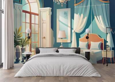 3 d design of an adult bedroom, provence-style, white bed, light tulle, large provence-style Wall mural