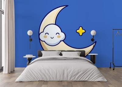 a crescent moon with a wide, friena fluffy white cartoon cloud with a gentle smile rounded shape Wall mural