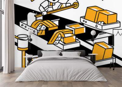 a man launches a conveyor belt with products, chibi style, linear black and white drawing, vector Wall mural