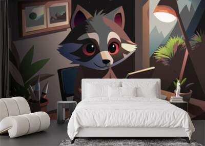 a raccoon draws on a graphics tablet, vector illustration flat 2 Wall mural