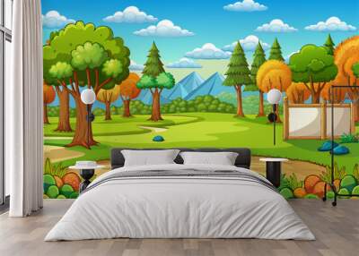 blank meadow landscape scene with many trees, vector illustration cartoon Wall mural