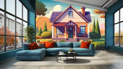 charming cozy house exterior, vector illustration flat 2 Wall mural