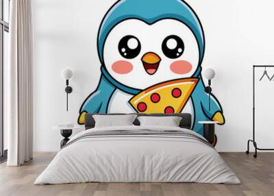 cute baby penguin pizza cartoon vector icon illustration animal food icon isolated flat vector, Wall mural