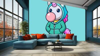 cute baby unicorn blowing gum with hoodie cartoon vector icon illustration animal fashion isolated Wall mural