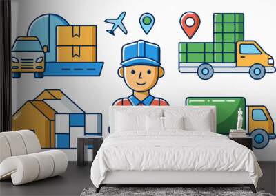 delivery icons flat delivery person freight logistic business industry icons flat set vector Wall mural