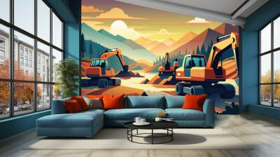 excavators, vector illustration flat 2 Wall mural