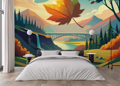 flying leaf fell in river water, vector illustration flat 2 Wall mural