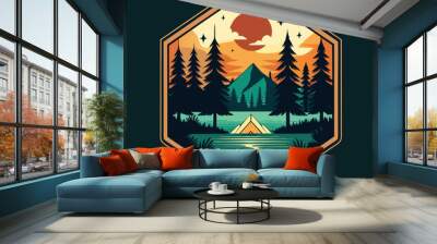 forest camp colorful logo, adventurous, grunge textures, tree silhouettes, high detailed, river, Wall mural