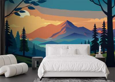 forest tree branch landscape art, vector illustration flat 2 Wall mural