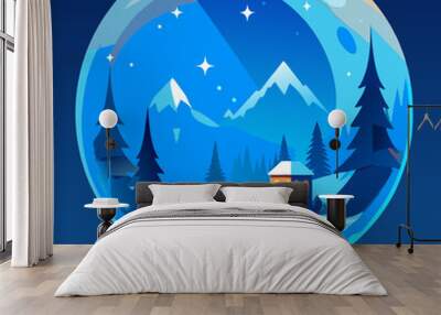 glass ball with snow with magic christmas forest inside, vector illustration flat 2 Wall mural