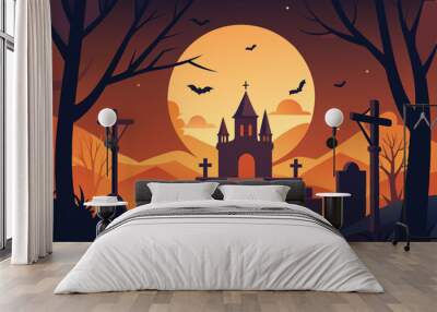 halloween graveyard land, vector illustration flat 2 Wall mural