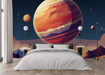 illustrate a scene where a planet or moon is in the foreground, with the galaxy visible in the sky, Wall mural