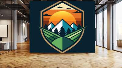 logo con the mountain, fields, sun, fondo con medios, vector illustration flat 2 Wall mural