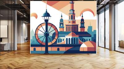 pattern saint-petersburg, pantone, neva-river, racing wheel, monument of peter-i, vector Wall mural