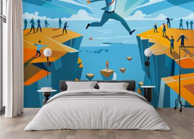 popular streamer jumps off a cliff against the background of people, vector illustration flat 2 Wall mural