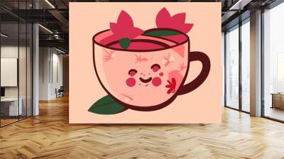 tea hibiscus flowers with happy eyes smiling cartoon style, vector illustration flat 2 Wall mural