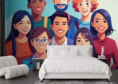 white background group of young people posing for a photo, vector illustration flat 2 Wall mural