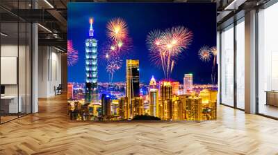 Fireworks over Taipei cityscape at night, Taiwan Wall mural